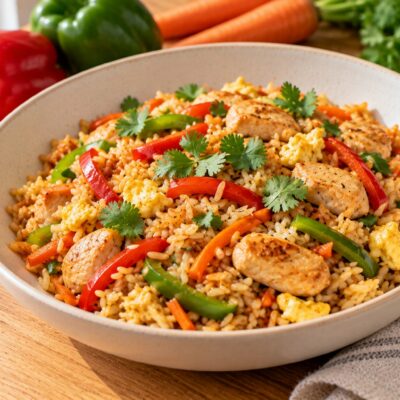 Riz frit au poulet et légumes (sans oignon ni ail)
